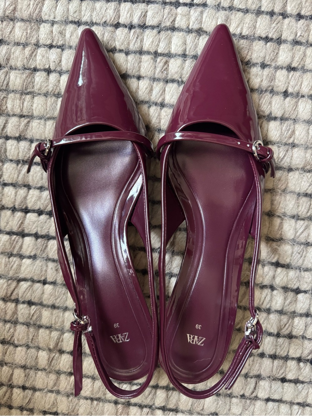 Zara Burgundy Patent Pointed-Toe Slingback Kitten Heels - Picture 7 of 15